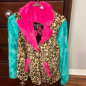 Ivy Jane Pink and Teal Leopard Print Puffer Jacket
